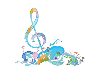 Abstract musical design with a treble clef and colorful splashes, notes and waves.  Colorful treble clef. Hand drawn vector illustration.