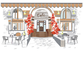 Series of backgrounds decorated with flowers, old town views and street cafes. Cafe window.   Hand drawn vector. 