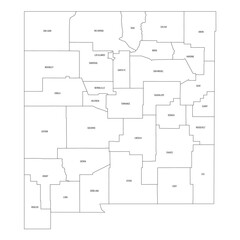 New Mexico, NM - detailed political map of US state. Administrative map divided into counties. Thin black outline map with county name labels. Vector illustration