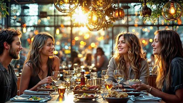 Friends enjoying dinner at stylish restaurant with wine glasses, pendant lights and warm atmosphere. Young adults sharing meal, conversation and laughter under golden glow. Social gathering