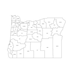 Oregon, OR - detailed political map of US state. Administrative map divided into counties. Thin black outline map with county name labels. Vector illustration