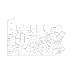 Pennsylvania, PA - detailed political map of US state. Administrative map divided into counties. Thin black outline map with county name labels. Vector illustration