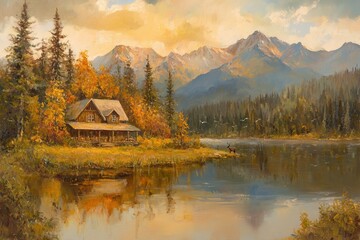 Obraz premium Imagine a serene mountain lake landscape bathed in the warm, 