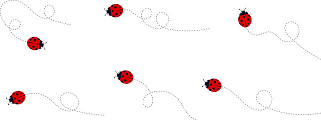 Cute ladybug characters collection. Flying cartoon ladybug with dotted path. Ladybugs flying on dotted route. ladybug icon set. Insects group illustration isolated on white.