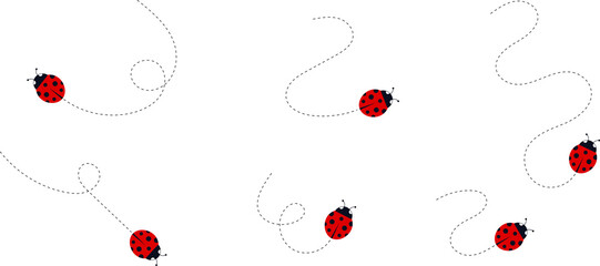 Cute ladybug characters collection. Flying cartoon ladybug with dotted path. Ladybugs flying on dotted route. ladybug icon set. Insects group illustration isolated on white.