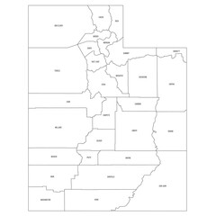 Utah, UT - detailed political map of US state. Administrative map divided into counties. Thin black outline map with county name labels. Vector illustration
