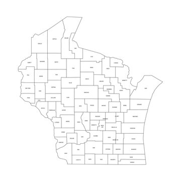 Wisconsin, WI - detailed political map of US state. Administrative map divided into counties. Thin black outline map with county name labels. Vector illustration