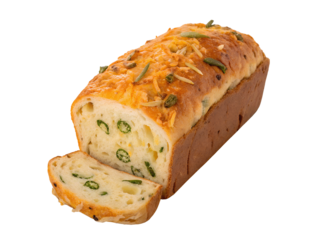 Freshly baked cheddar jalapeño anadama bread loaf isolated on a clean white background, perfect PNG cutout with visible crust texture and pepper flecks