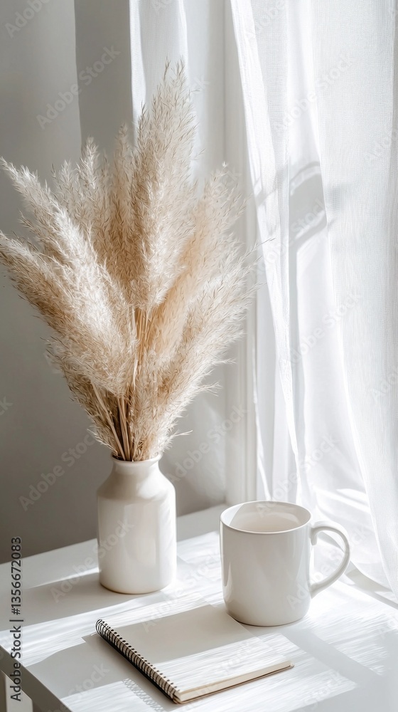 Poster sunlight gently filters through sheer curtains, highlighting a simple vase filled with pampas grass 