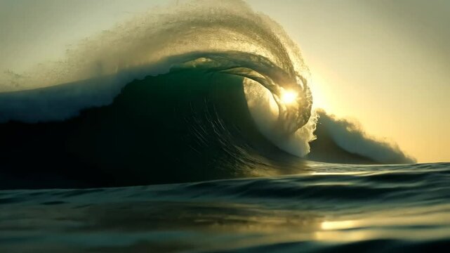 Dramatic low-angle video capture of a massive ocean wave curling at sunset, showcasing the power and beauty of nature in golden light. Live desktop wallpaper.