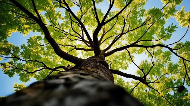 Autumn Sycamore Maple Tree - A majestic Sycamore maple branch with vibrant fresh green leaves stretching towards the sky