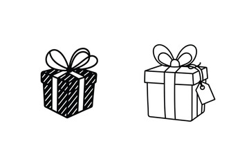Simple Line Art Gift Box Icons Presents, Ribbon, Tag