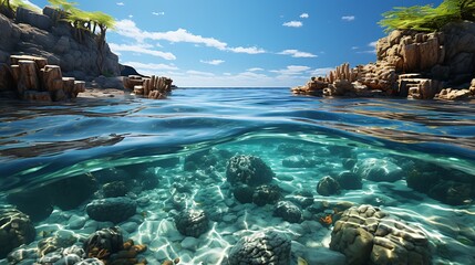 Obraz premium Underwater Paradise: Crystal Clear Waters and Rocky Coastline