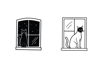 Two Cats Sitting in Windows, Night and Day Scenes