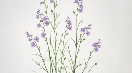 Fototapeta premium The wildflower features thin green stems and small purple blossoms in a natural, organic arrangement, resembling a herbarium-style floral illustration with soft violet petals.