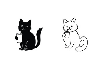 Cute Cartoon Cats Enjoying Refreshing Drinks, Black and White