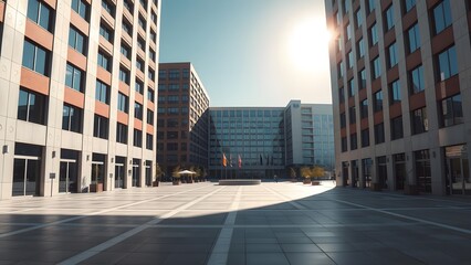 A modern urban plaza surrounded by contemporary buildings, bathed in warm sunlight.   