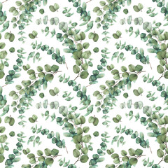 Eucalyptus plant bouquet watercolor seamless pattern Green silver dollar eucalypti tree branches with round leaves hand drawn botanical illustration for fabric, wallpaper on isolated white background 