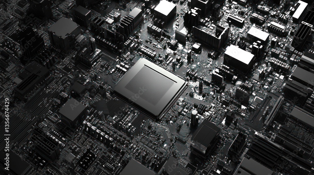 Poster close-up of a dark gray computer motherboard with a central processor.