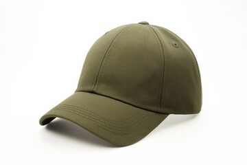 Fototapeta premium Plain olive green baseball cap with curved brim on white background