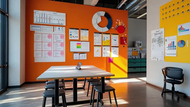 A creative workspace featuring colorful wall charts and innovative design elements.