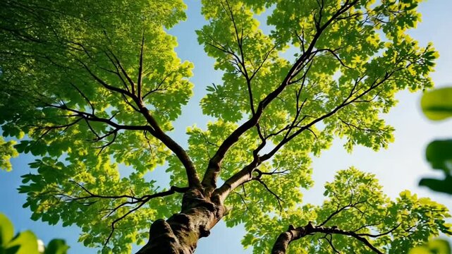 Autumn Sycamore Maple Tree - A majestic Sycamore maple branch with vibrant fresh green leaves stretching towards the sky