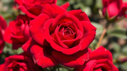 Vibrant red roses bloom beautifully, showcasing their lush petals in a serene garden setting.   