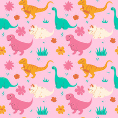 Obraz premium Seamless pattern with cute dinosaurs on a pink background
