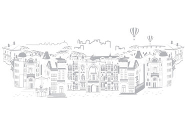 Series of street views in the old city. Hand drawn vector architectural background with historic buildings.