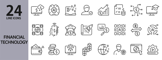 Financial Technology line icons set with Banking, Finance, Payment, Cryptocurrency, E-Wallet, Innovation, Cybersecurity, Transaction and more. Editable Stroke