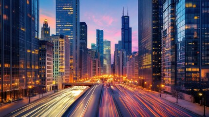 Fototapeta premium Cityscape at sunset, highway with light trails, skyscrapers.