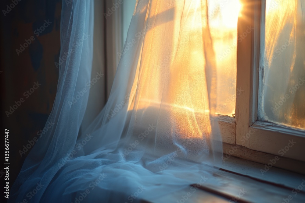 Aufkleber ethereal sunlight streams through sheer curtain casting golden glow on rustic window creating dreamy