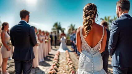 Beach wedding ceremony with elegant backless lace bridal gown featuring decorative buttons. Tropical destination marriage celebration with formal guests, bridesmaids, groomsmen gathered along flower