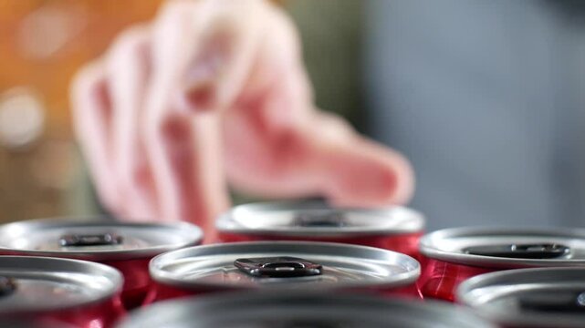 Close-up of glossy drink cans inside a refrigerator and a customer opens it and takes two
