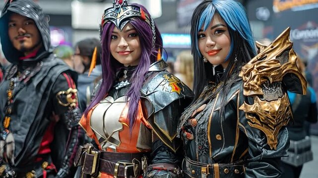 A dynamic gaming convention with cosplayers showcasing elaborate costumes and posing for photographs.