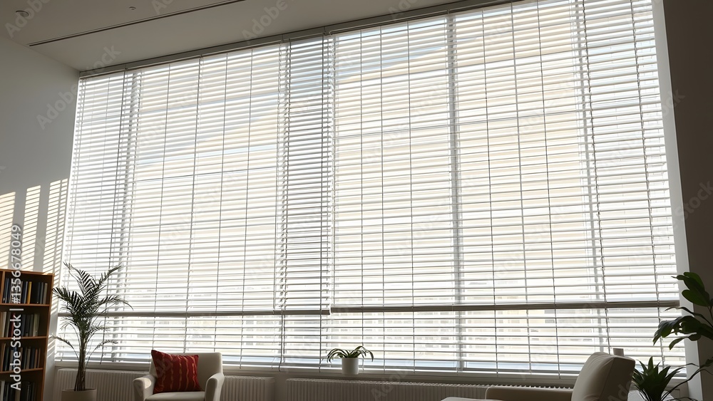 Poster bright interior space with modern blinds filtering light, creating a stylish and comfortable atmosph
