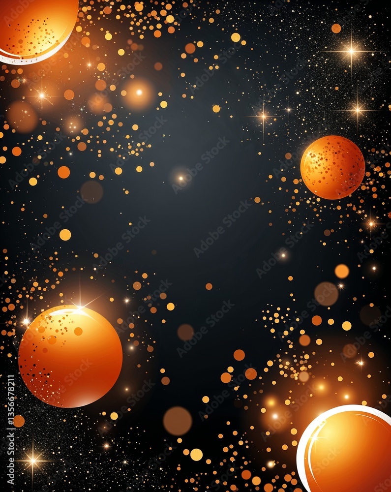 Aufkleber orange with black bokeh with glitters in dark abstract background for card or greeting template bann