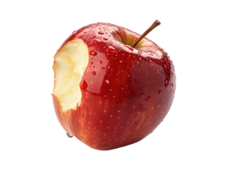 Bright red apple with a bite missing, transparent PNG cutout, isolated on white, detailed texture, glossy finish, high resolution