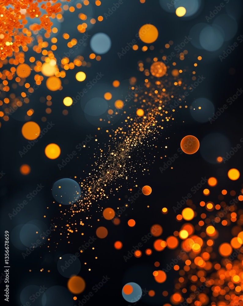 Poster orange with black bokeh with glitters in dark abstract background for card or greeting template bann