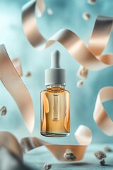 Naklejka premium Cosmetic serum dropper bottle with floating ribbons