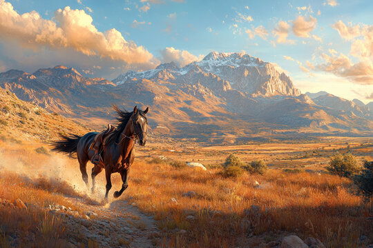 stunning side view of a black horse racing across a mountain valley, its powerful muscles in motion, mane trailing dramatically, sun setting behind jagged peaks - Powered by Adobe