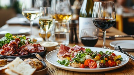 Guests indulge in a delightful assortment of cured meats, fresh salads, and flavorful wines, creating a vibrant atmosphere as the sun sets outside. Laughter and conversation fill the air