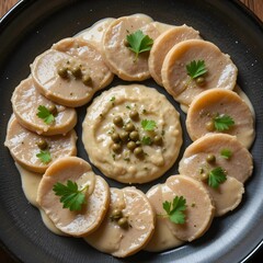 Elegant presentation of pale veal slices arranged in a circle, topped with a creamy beige sauce and garnished with green capers and parsley leaves on a dark ceramic plate.