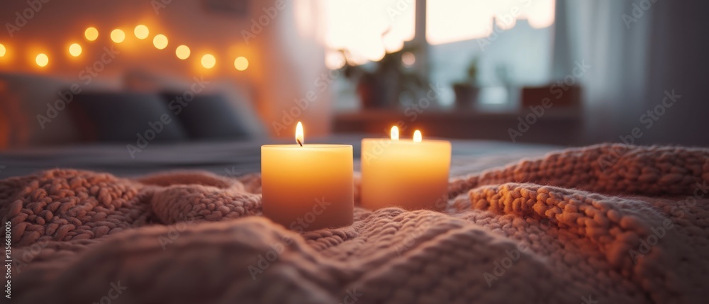 Poster cozy evening ambiance two candles on knitted blanket with string lights and soft background in warm 