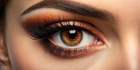Obraz premium Close-up view of a beautifully made-up eye featuring warm eyeshadow tones, long dark lashes, and a captivating amber iris.
