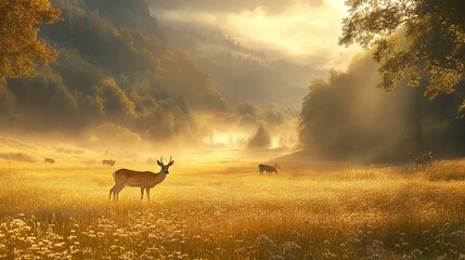 Naklejka premium Graceful Herd of Deer Grazing in Vibrant Field of Colorful Wildflowers Under Bright Sunny Sky
