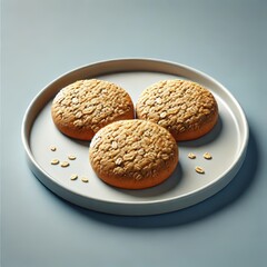 Three oatmeal cookies on ceramic plate