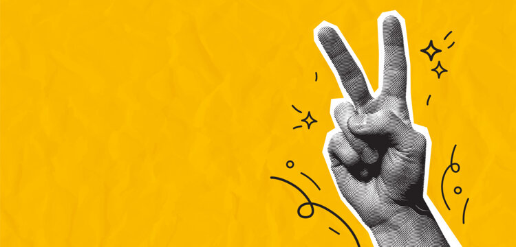Collage with peace hand sign. Engraved style hand gesture and doodle abstract elements on yellow background with wrinkled paper effect. Vector illustration.