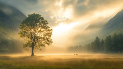 Obraz premium Lone Tree Standing Majestically in a Vast Field with Breathtaking Mountain Range in the Background