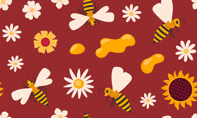 Honey seamless pattern. Apiary collection background. Honey drop, bee, flowers. Vector illustration isolated 